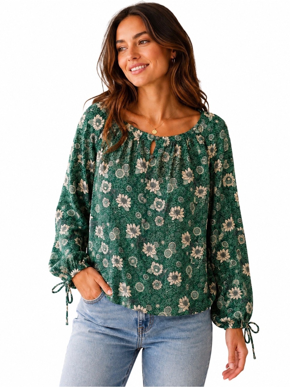 Lucky Brand Green Floral Viscose Boho Blouse Peasant Top Cottagecore Size Small